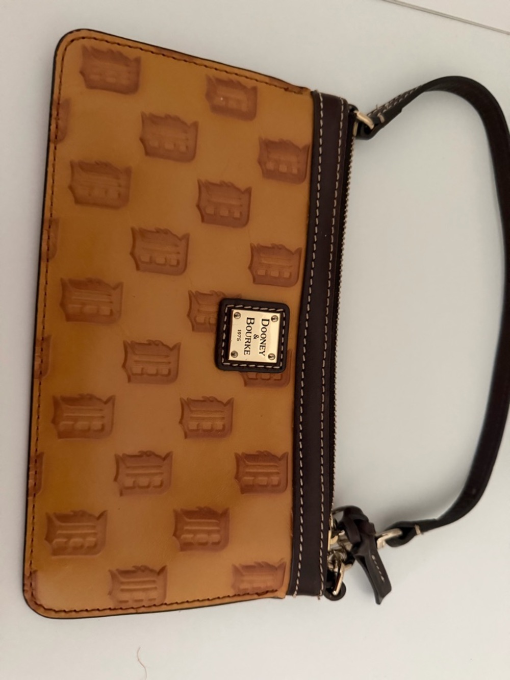 Dooney & Bourke Tan and Dark Brown Embossed Leather Wristlet DETROIT TIGERS